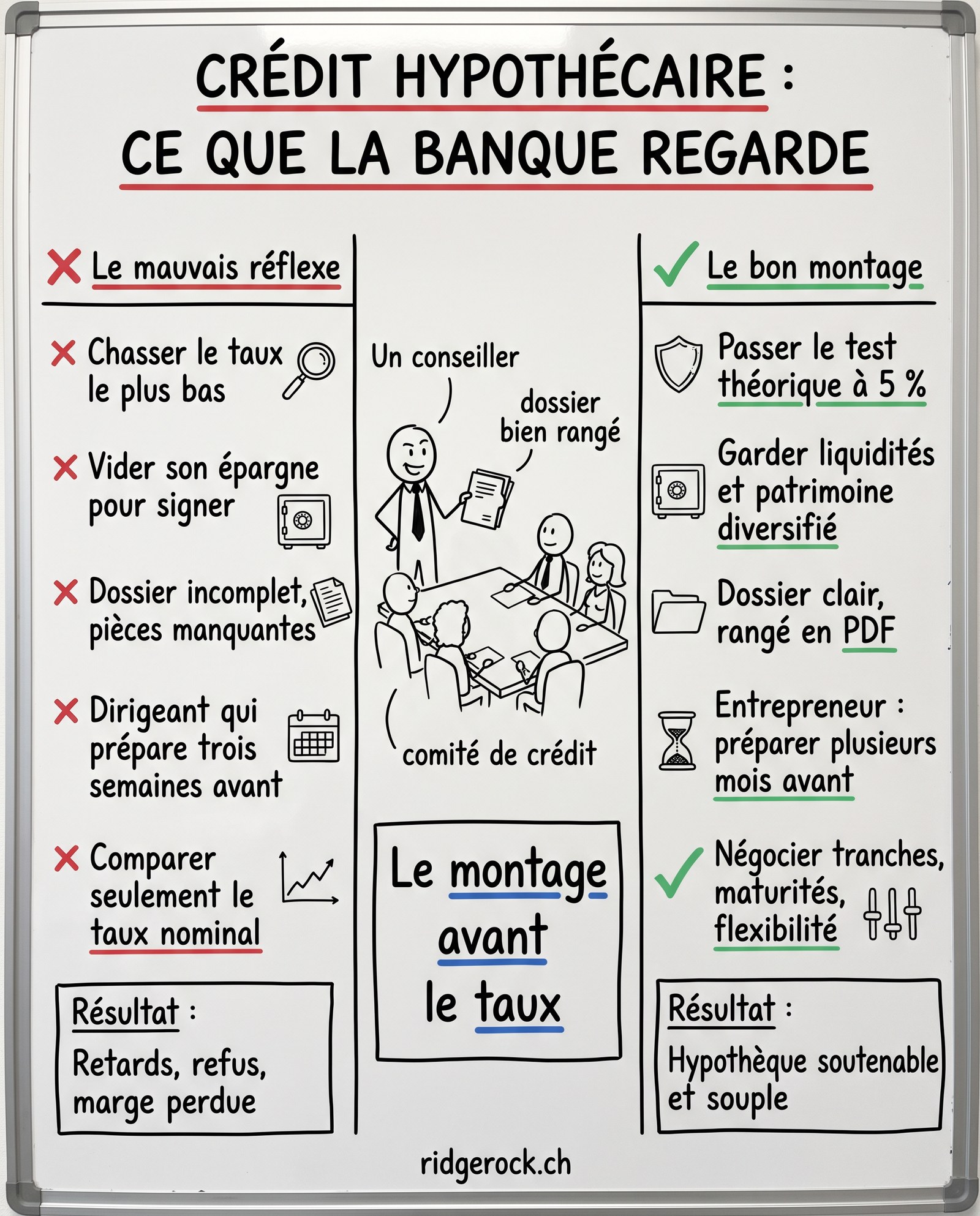 La banque évalue un risque, la cohérence de votre situation et l'intérêt de la relation ; un dossier bien monté et anticipé pèse plus que le taux affiché.