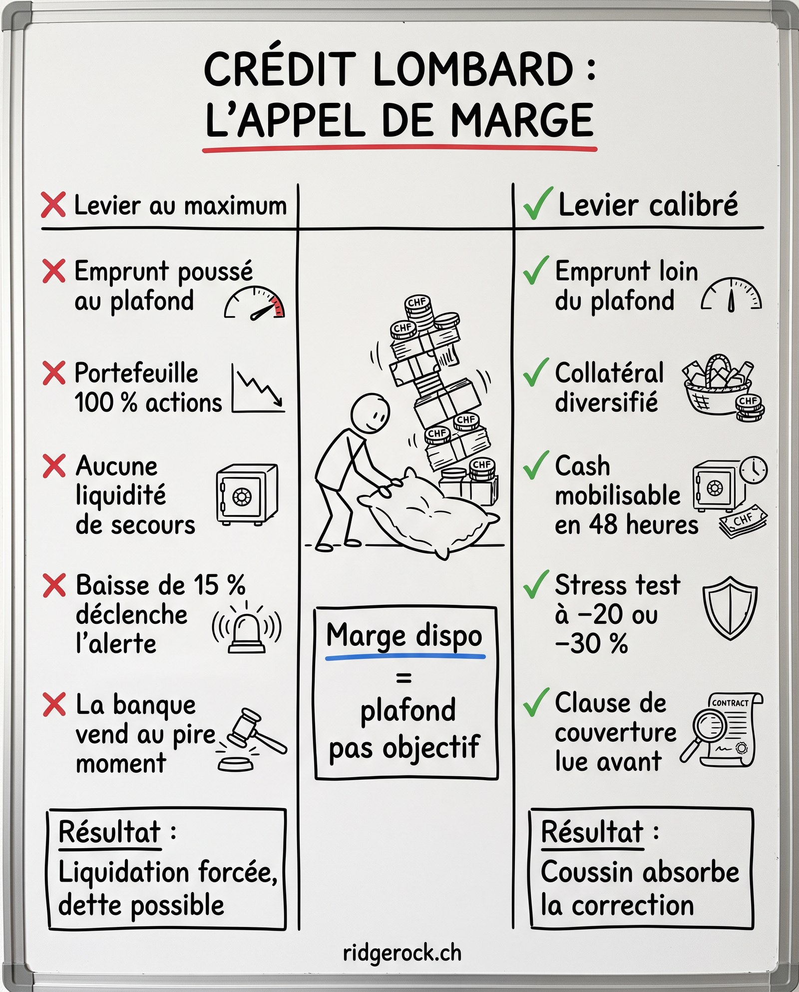 L'appel de marge se déclenche quand la dette approche la valeur nantie ; un coussin et du cash mobilisable évitent la liquidation forcée.
